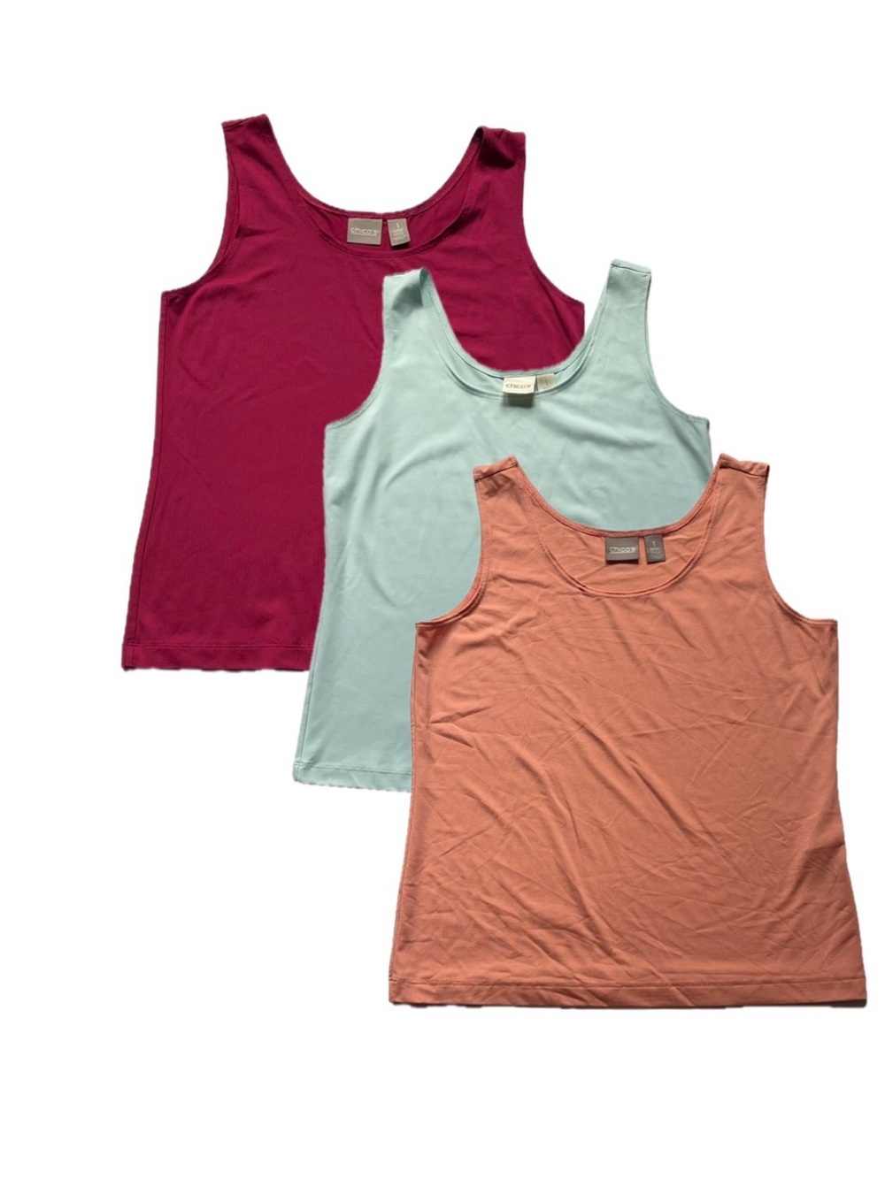 Chico's (lot of 3) Peach/Dark Pink/Light blue Sleeveless Knit Tank Tops Size 1
